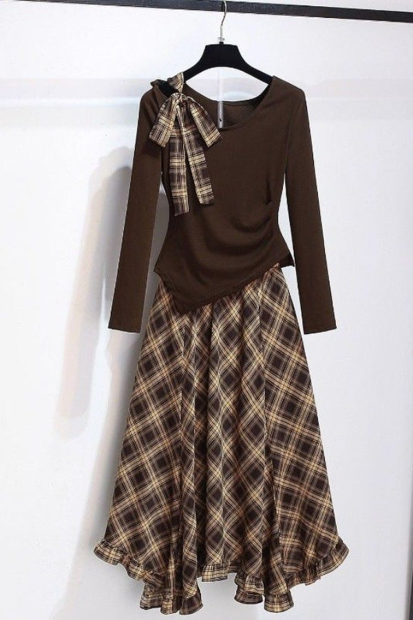 Irregular-shoulder Long-sleeve Top With A Plaid Skirt