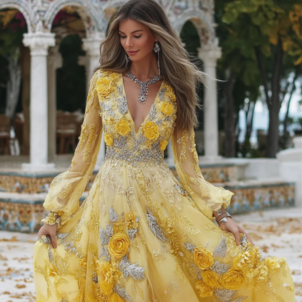 Retro Bohemian Rose Embroidered Linen Loose-Fit Long Dress
