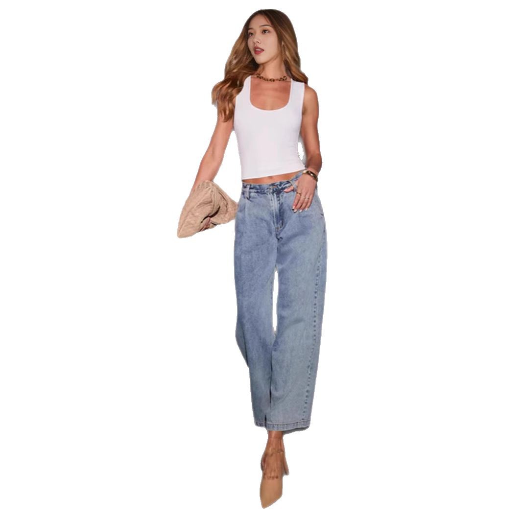 Slimming And Straight Versatile Retro Draping Mid-waist Wide-leg Jeans