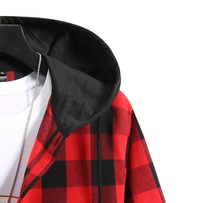 Men's Fashionable Plaid Patchwork Hooded Casual Shirt