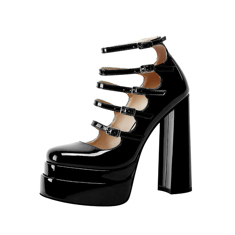 Patent Leather Waterproof Platform Square Toe Hollow Belt Buckle Buckle High Heels