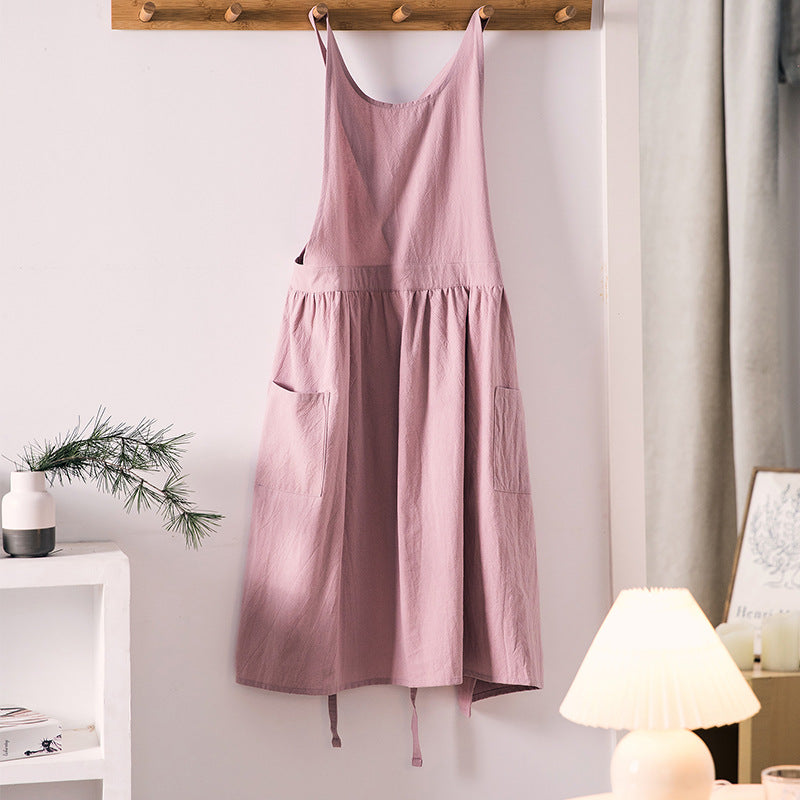 Household Cotton Linen Round-neck Apron Japanese And Korean Style Artistic