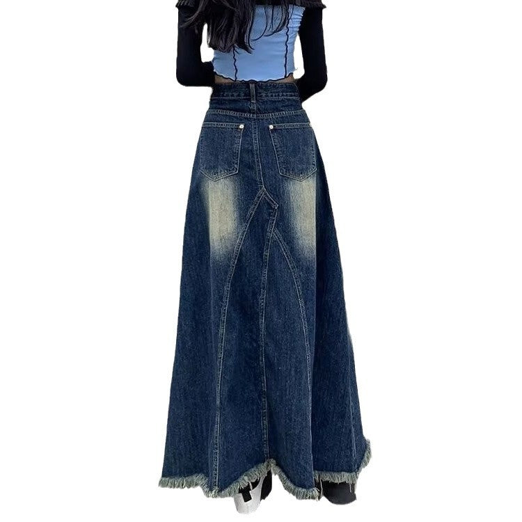 Retro White Stitching Draping Denim Mid-length Skirt