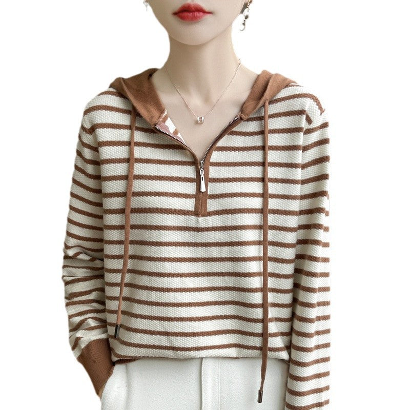 Women's Striped Hooded Long-sleeved Knitted Sweater