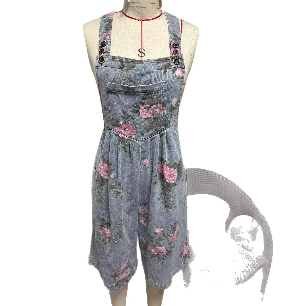 Retro One-piece Fashion Floral Denim Shorts