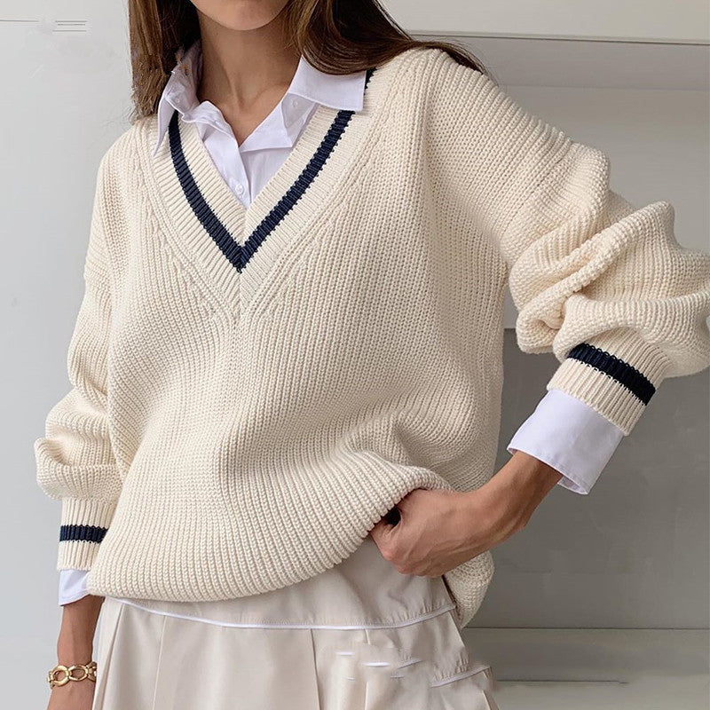 Casual Stitching Contrast Color Slim Loose Women's Sweater