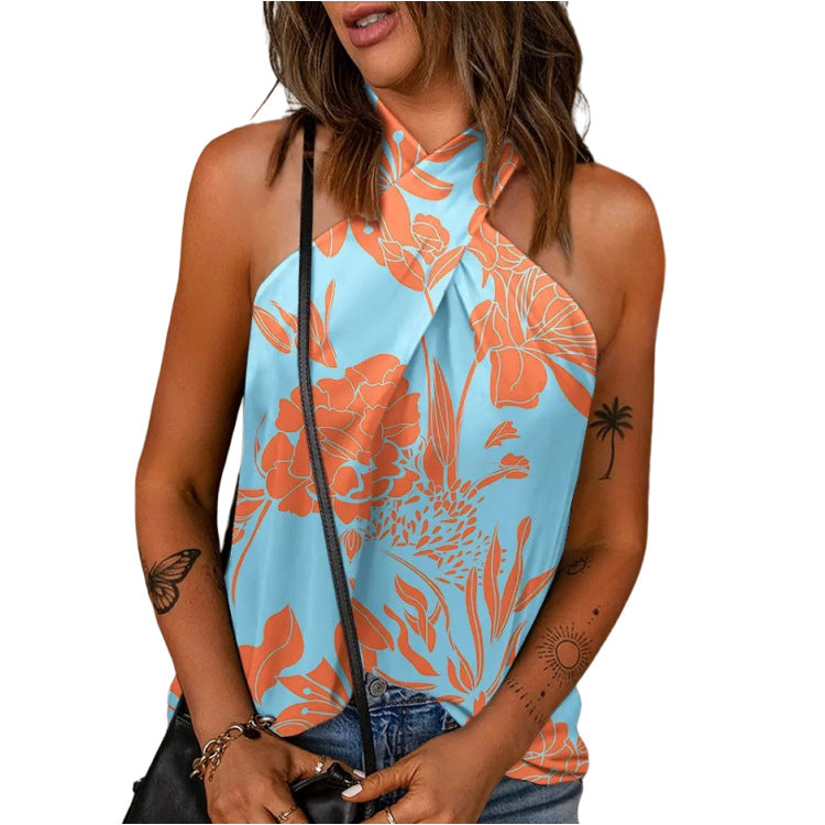 Casual Slim-fit Back-zip Halter-neck Printed Sleeveless Patchwork Top