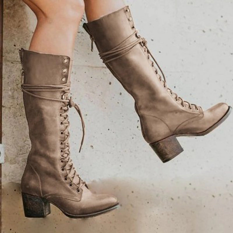 New Lace-up Boots Women's Boots Thick Heel Plus Size 40-43