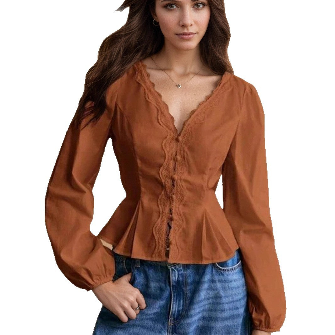 Lace-trimmed Long-sleeve Shirt With Multiple Buttons