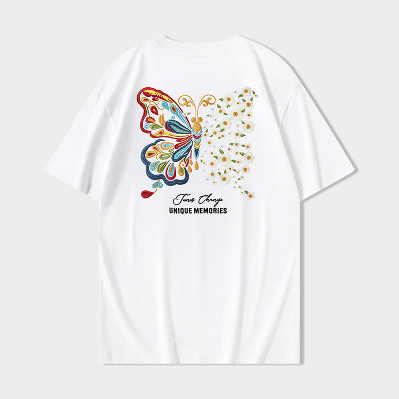 Kortærmet T-shirt Sommerfugl Lysskiftende Broderi Kinesisk Stil