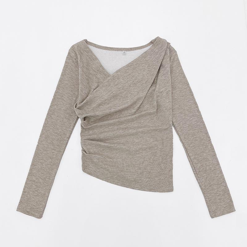 Fleece-lined Extra-thick Winter Sheer-look Long-sleeve Asymmetrical Off-shoulder T-shirt
