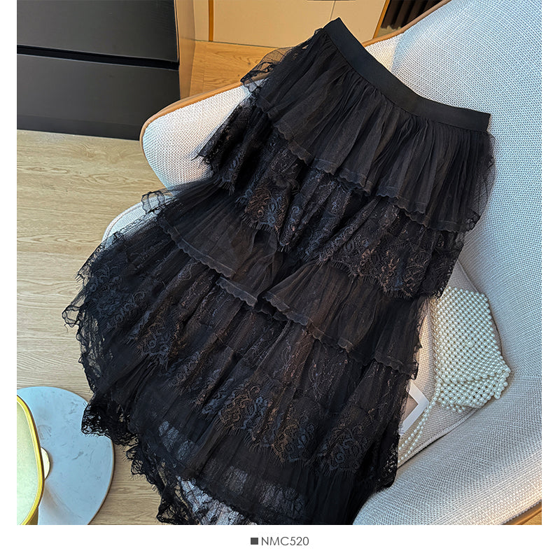 Lace Stitching Net Yarn Cake Skirt High Waist Mid-length A- Line Skirt