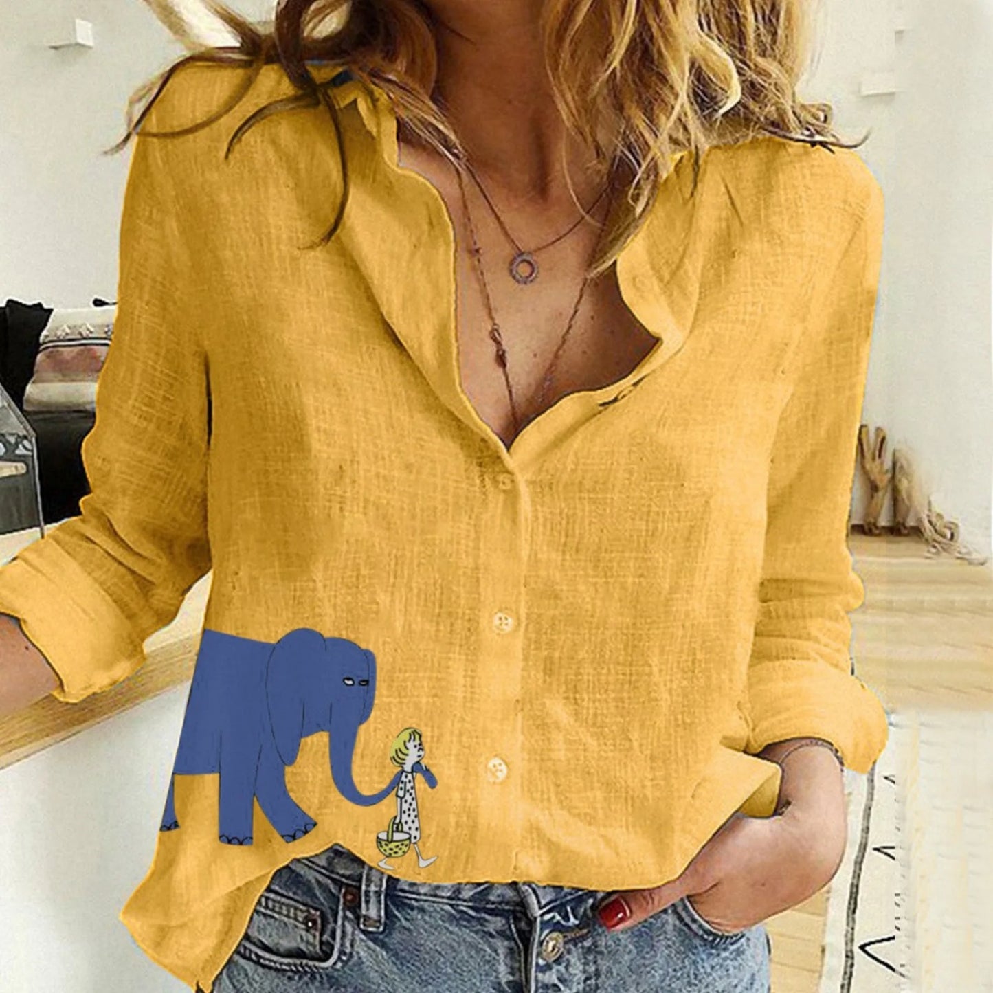 Womens Animal Elephant-Print Long-Sleeve Shirt