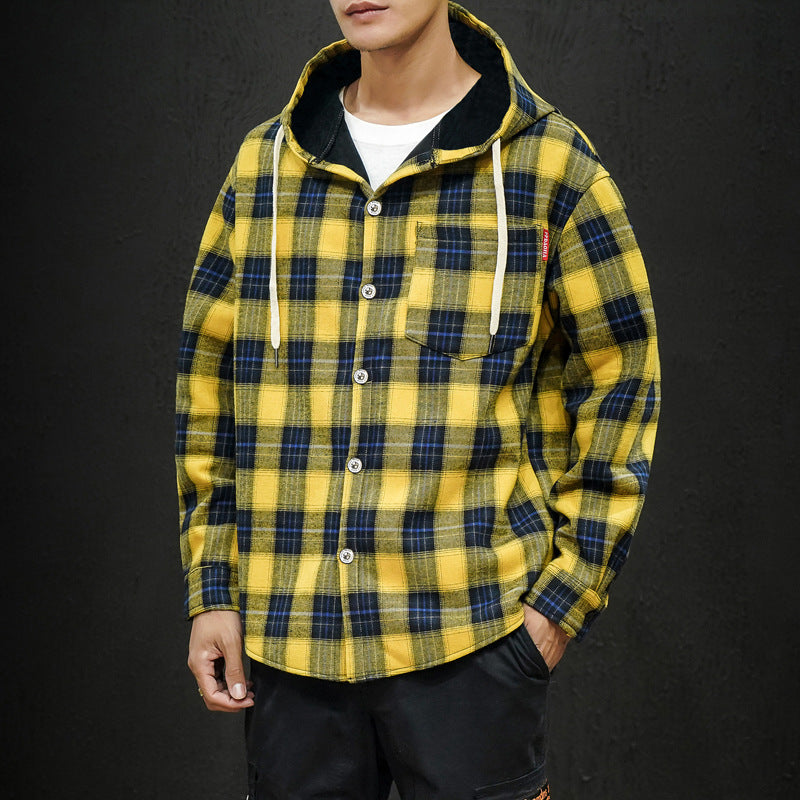 Size Black Wall Plaid Hooded Plus Velvet Thick Warm Shirt