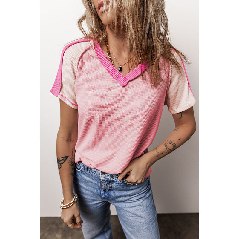 Women's V-neck Knitted Short-sleeved Shirt T-shirt