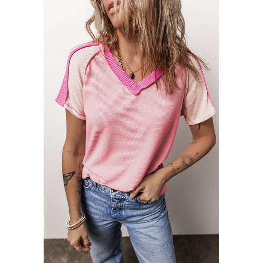 Women's V-neck Knitted Short-sleeved Shirt T-shirt