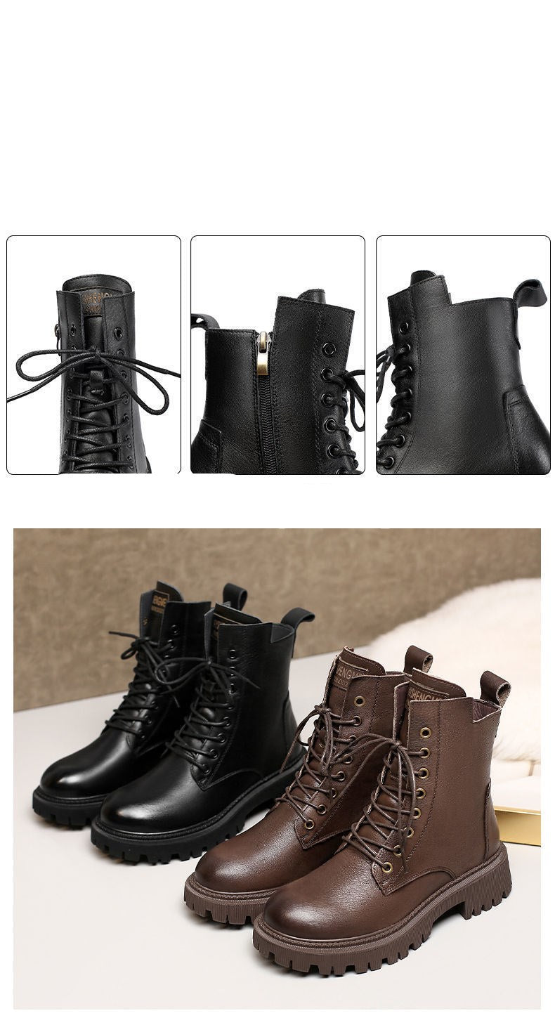 British Thick-soled Lace and Velvet Mid-cut Knight Boots