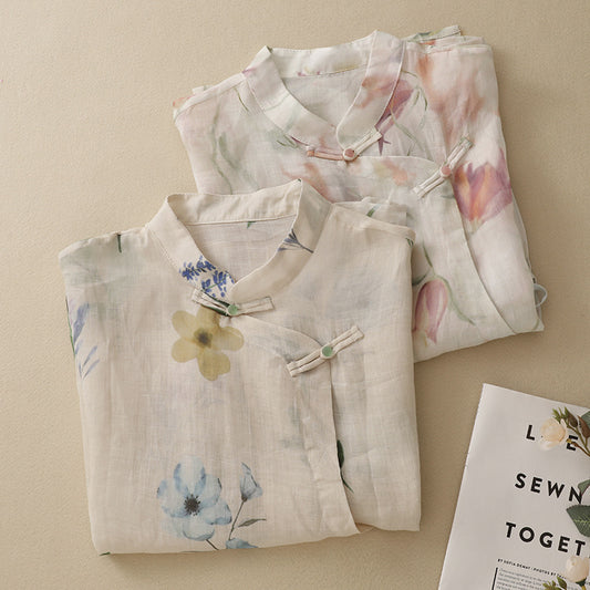 Real-shot In-stock Artistic Cotton-linen Printed Sheer Blouse Vintage Lightweight And Cool-chic Top