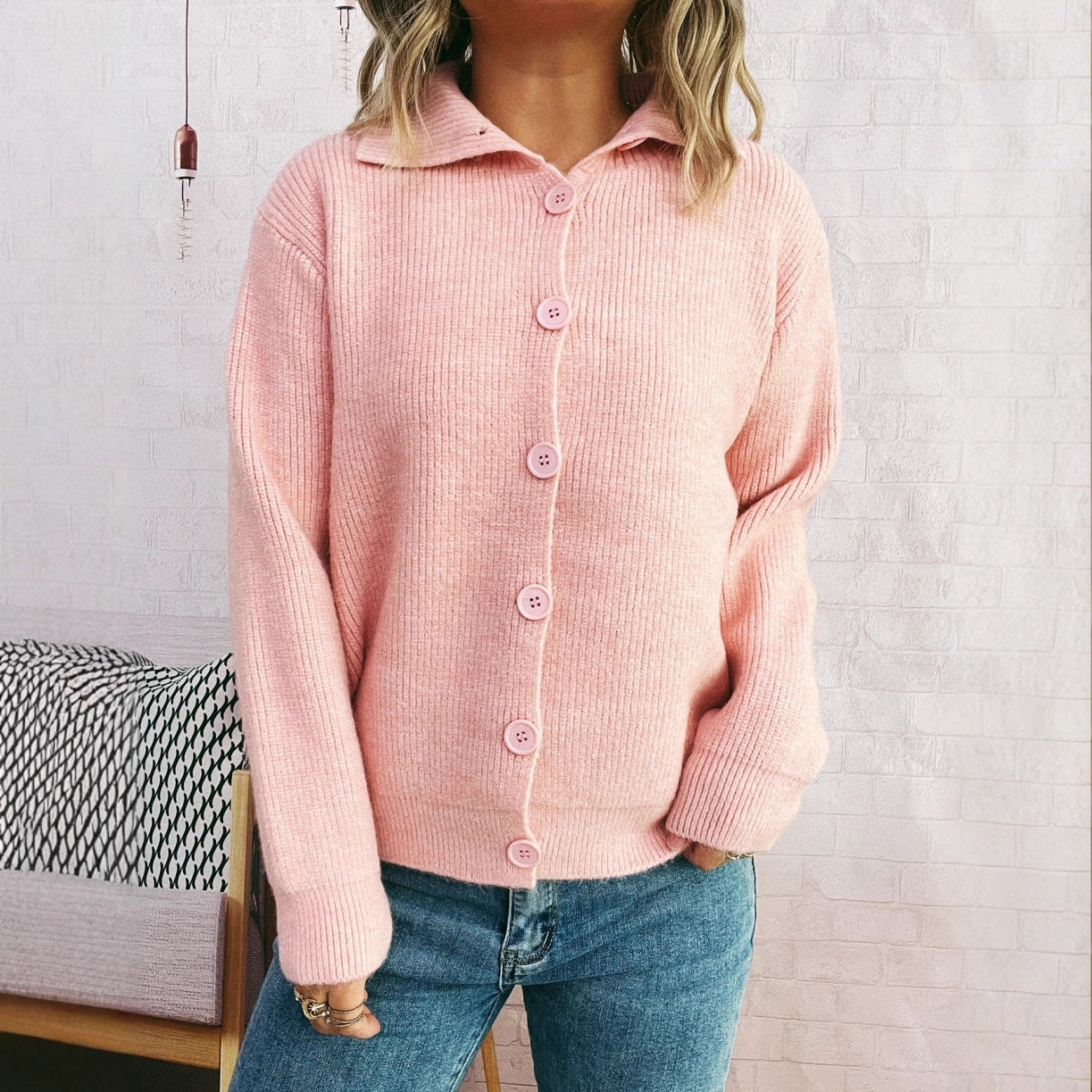 Simple Commute Solid Color Knitted Cardigan Lapel Long Sleeve Single-breasted Sweater