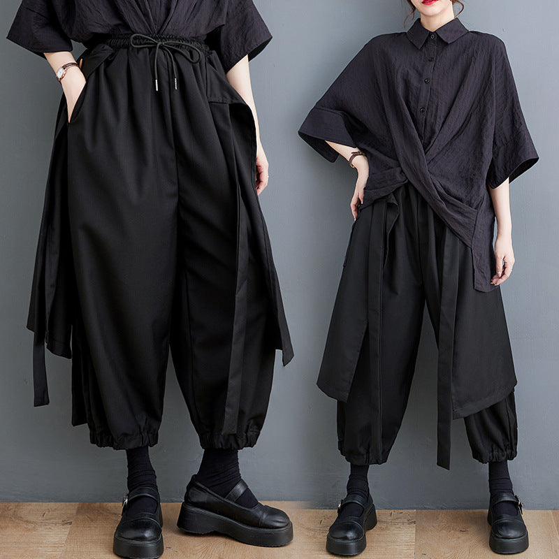 Dark Black Leggings With Cropped, Slim And Loose Fitting Wide Leg Pants