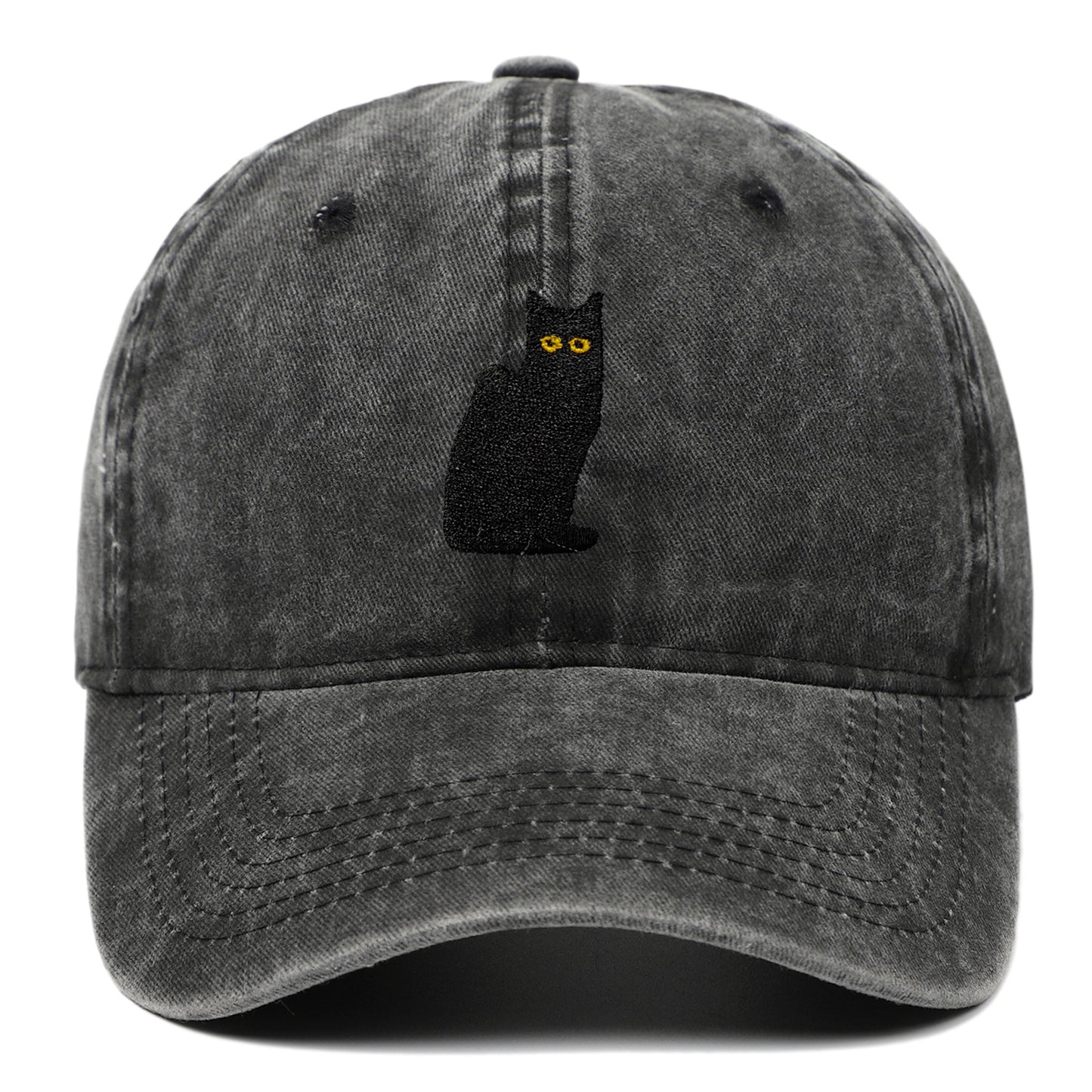 Sitting Black Cat Embroidered Baseball Cap Worn Looking Washed-out
