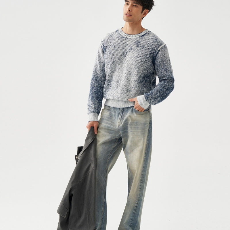 Mens Washed Fluffy Soft All-Cotton Blue-and-White Reverse-Print Sweater
