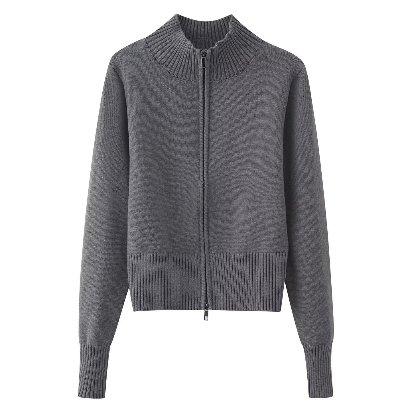 Knitted Zipper Versatile Solid Color Semi-high Neck Long Sleeve Cardigan Sweater