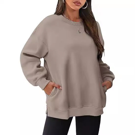 Rundhalset pullover til kvinder – Oversized løs sweatshirt i velour med lange ærmer