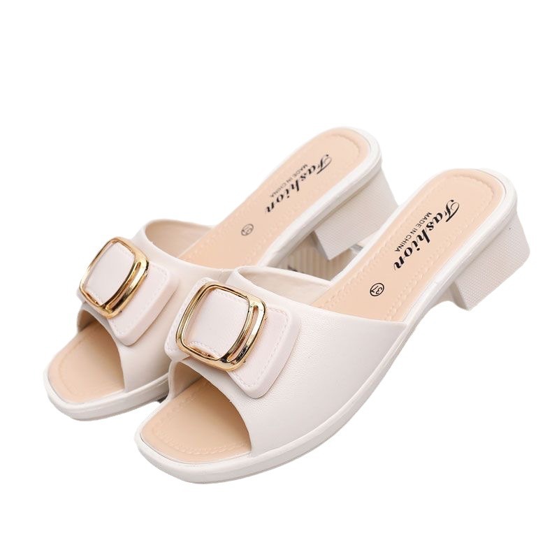 High Heel Slippers Women's Summer Slippers Korean Style Internet Celebrity Buckle Chunky Heel Lady Mom Slippers Outdoor Beach Shoes