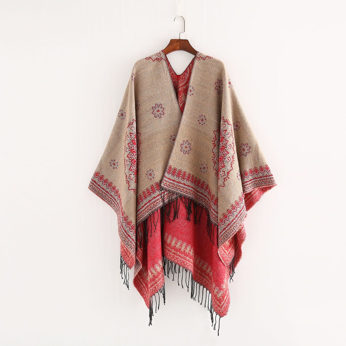 Geometric double-sided printed tassel split cloak