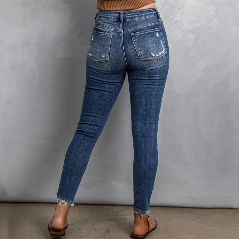 Casual Dame Højtaljede Jeans med Rå Kanter og Vasket Look