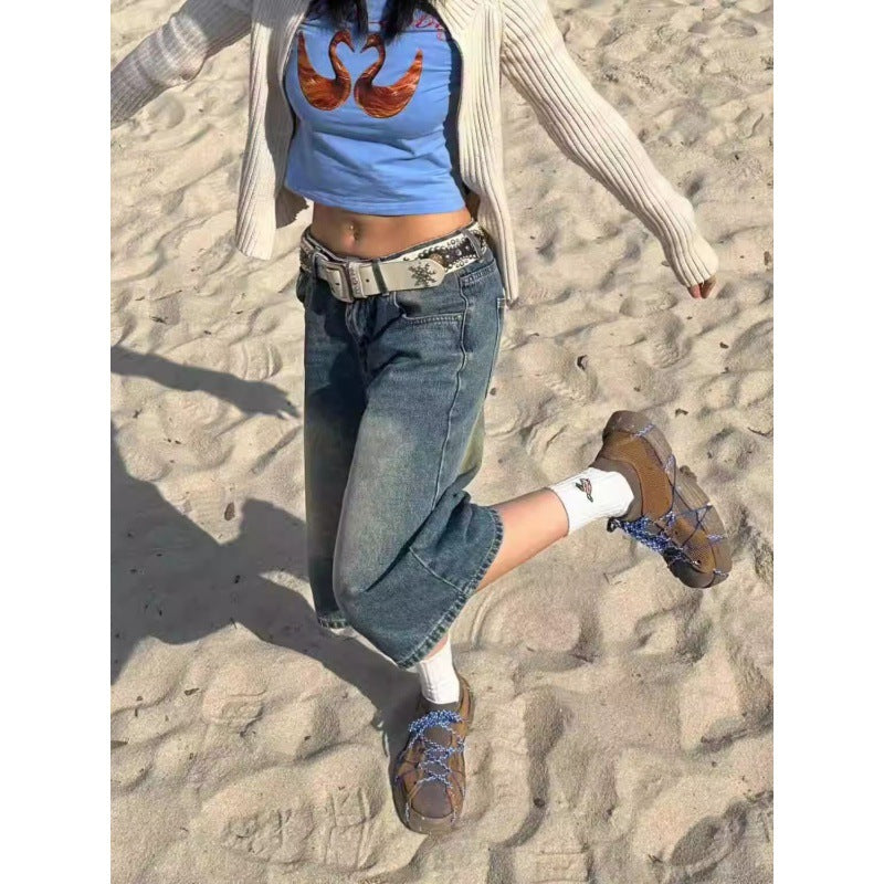 Retro Denim Shorts Cropped Bukser Kvinder Sommer Hot Girl Lavtaljede Løse Vaskede Mellemhøje Bukser