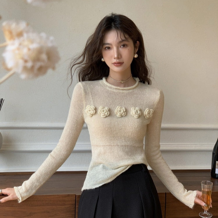 Micro Transparent Flower Sweater New Korean Version Elegant Round Neck Knitted Top