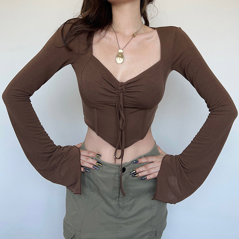 Fish Bone Waist Irregularly Slim And Pleated Crop Top