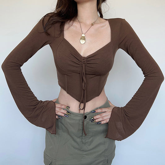 Fish Bone Waist Irregularly Slim And Pleated Crop Top