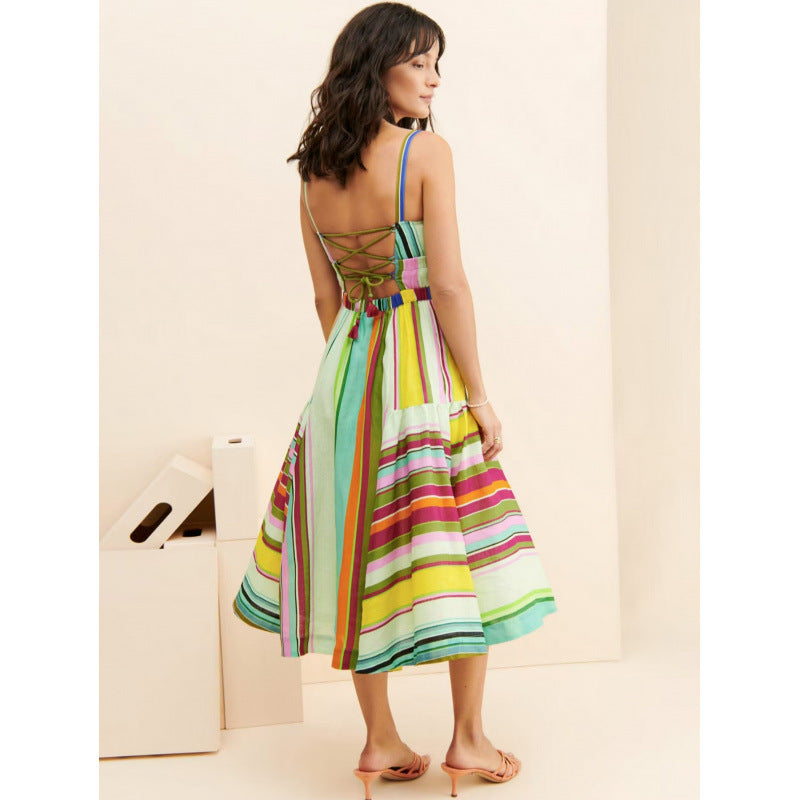 Women's Tassel-tied Colorful Striped Slip Dress