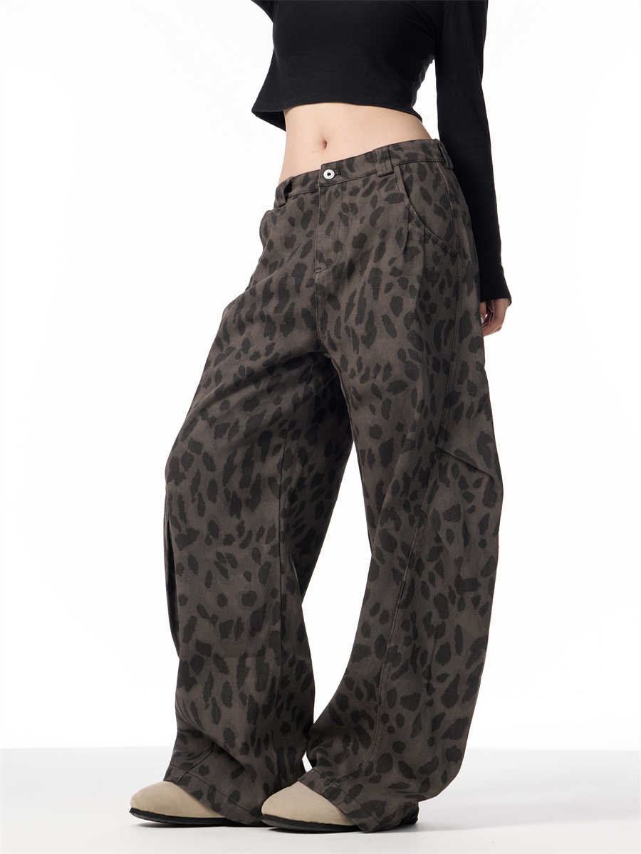 Retro Leopard Jeans Women's Loose Straight Wide-leg Pants