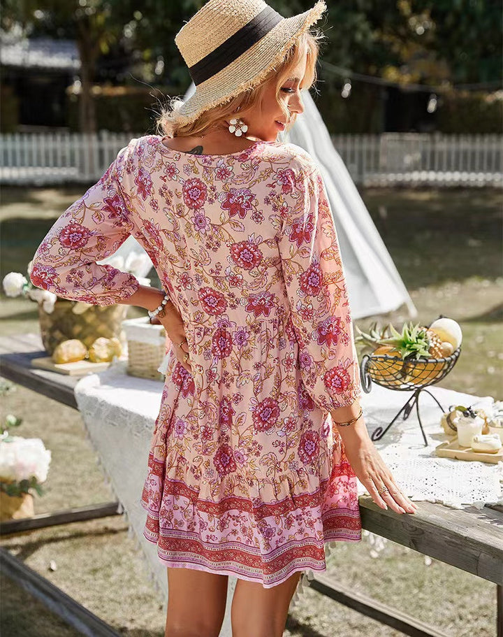 V-neck Printed Casual Bohemian Short Skirt