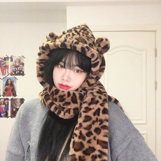 Bear Ear Hat Scarf All-in-one Warm Keeping Leopard Hat
