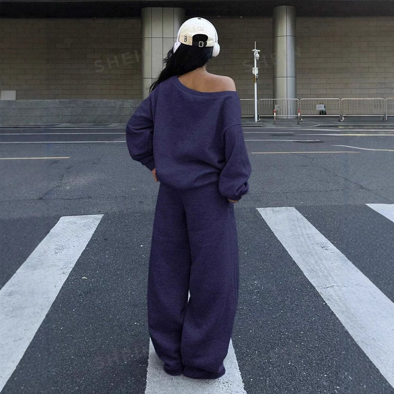 Casual Hættetrøje Med Rund Hals I Løstsiddende Sportsstil Og Casual Buksesæt Til Kvinder