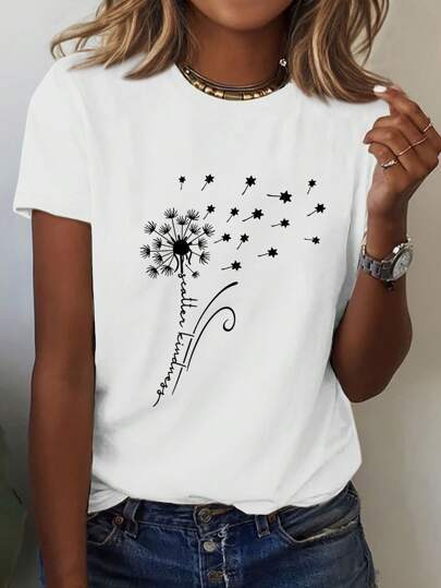 Dandelion Butterfly Pattern Round Neck Short Sleeve