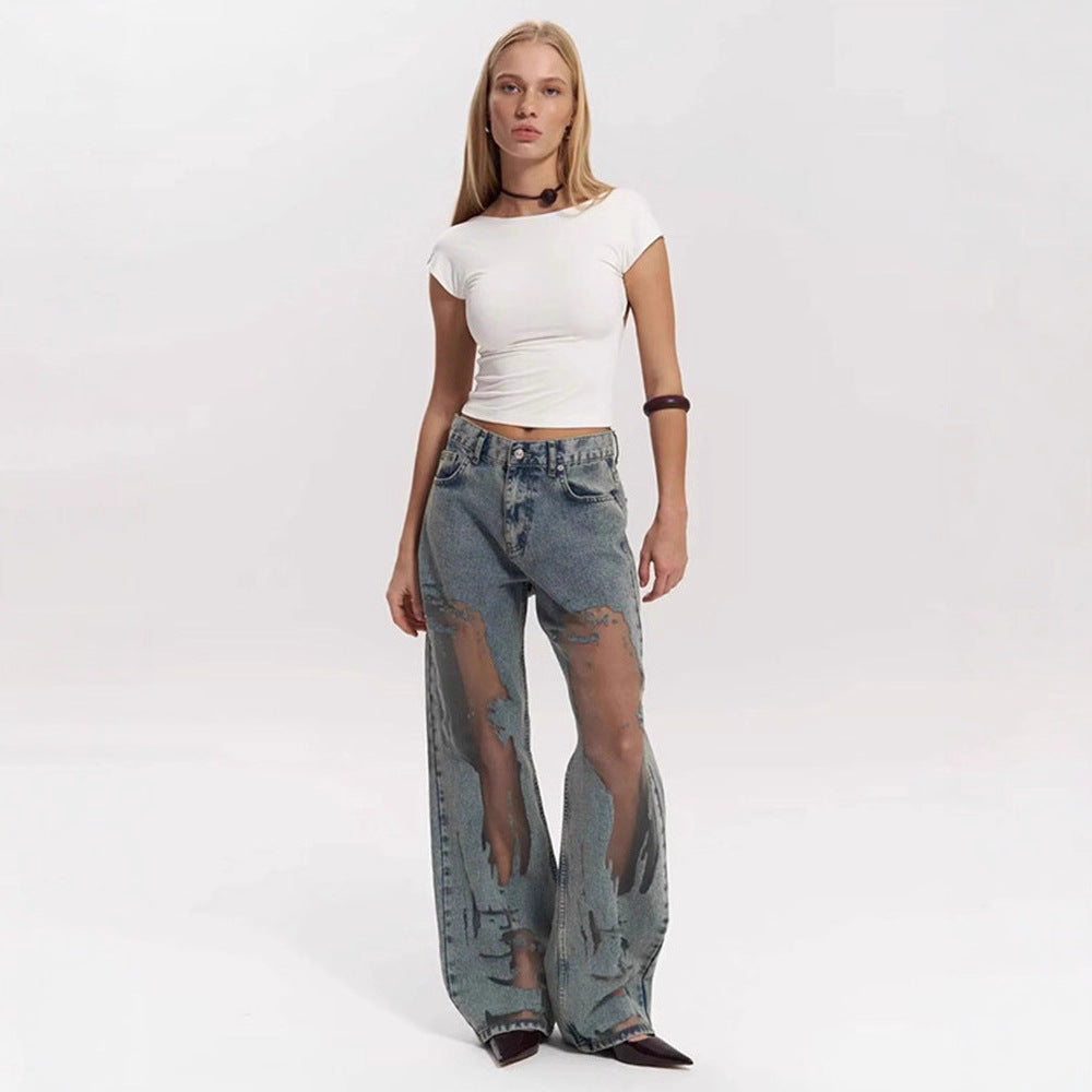 Retro bukser med lige ben, udhulet tekstur, niche-design-jeans, Y2g-bukser med vide ben