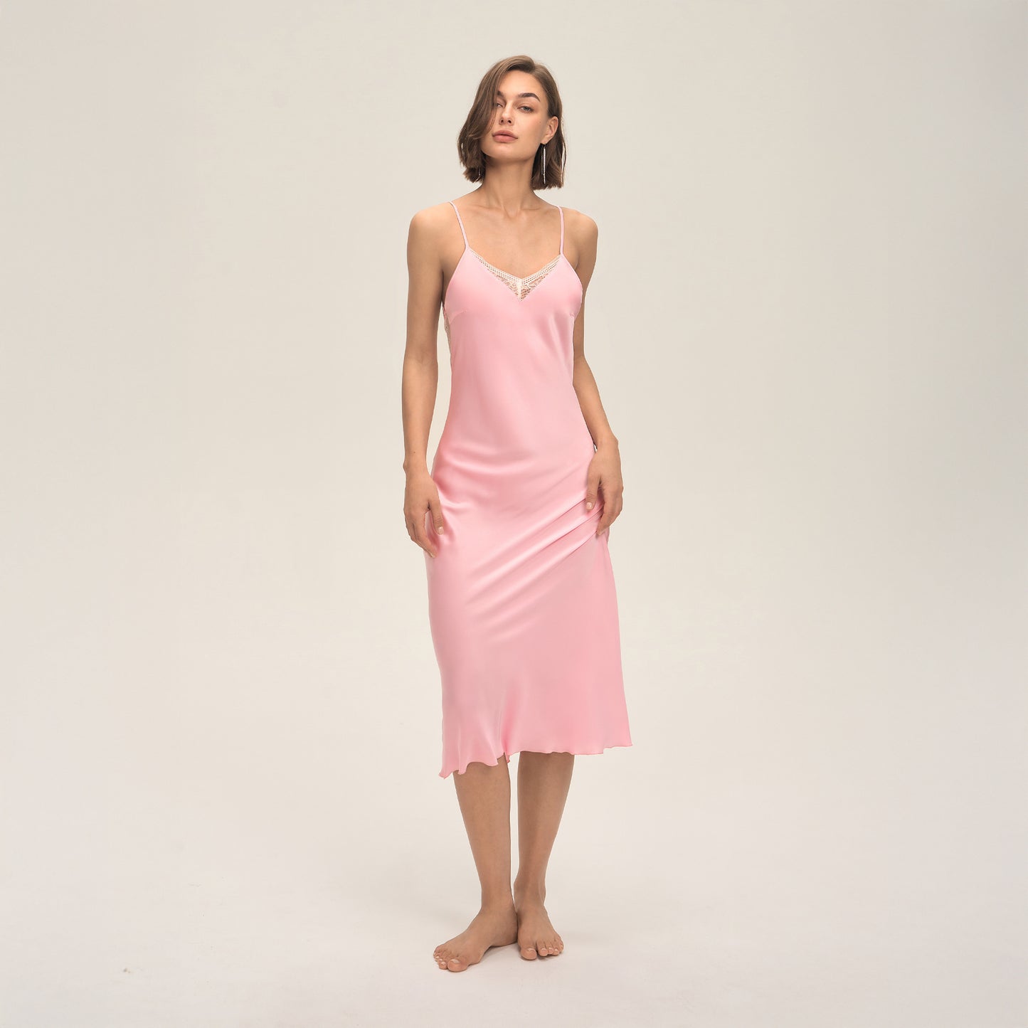 New Satin Chiffon Mid Length Lace Slip Nightgown With A Backless Design