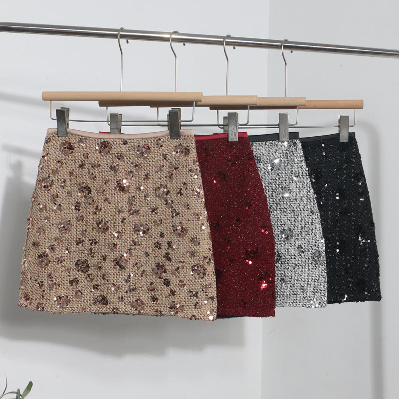 Sequined Red Skirt High Waist Slimming A- Line Sheath