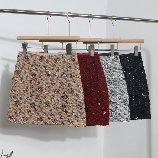 Sequined Red Skirt High Waist Slimming A- Line Sheath
