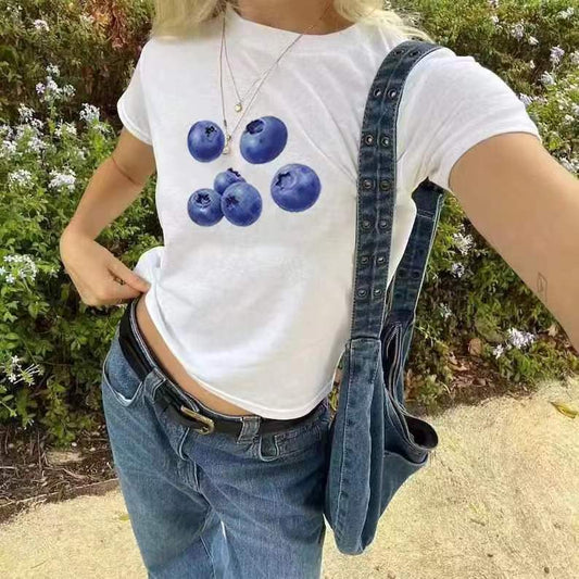 European And American Flower Print Round Neck Short Sleeve Midriff-baring Top T-shirt