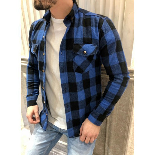 Long-sleeved Pocket Checked Shirt With A Lapel For Young Men In Autumn And