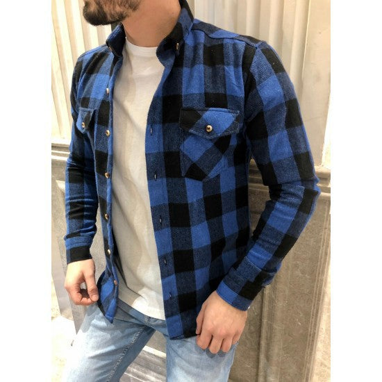 Long-sleeved Pocket Checked Shirt With A Lapel For Young Men In Autumn And