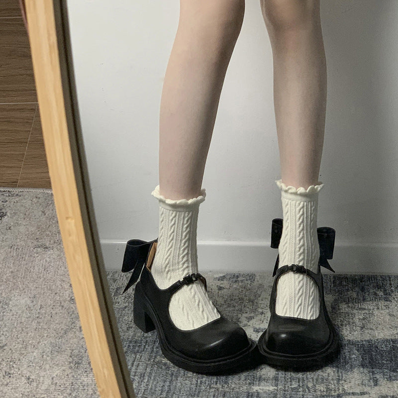 Black Japanese Jk Height Increasing Chunky Heel Leather Shoes For Women