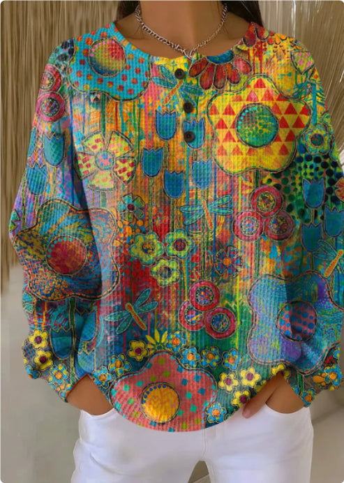 New Retro 3D Digital-Print Polo Sweater With Three Buttons And A Crew Neck